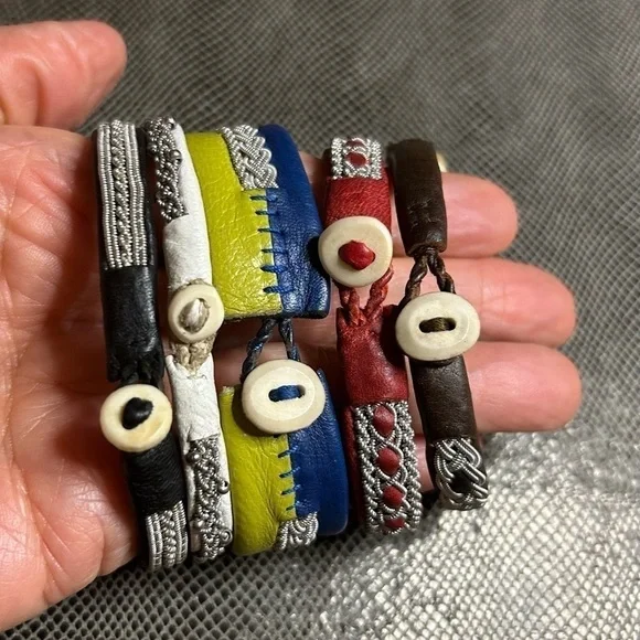 Sámi Leather Bracelet Blue and Yellow with Pewter Embroidered Design